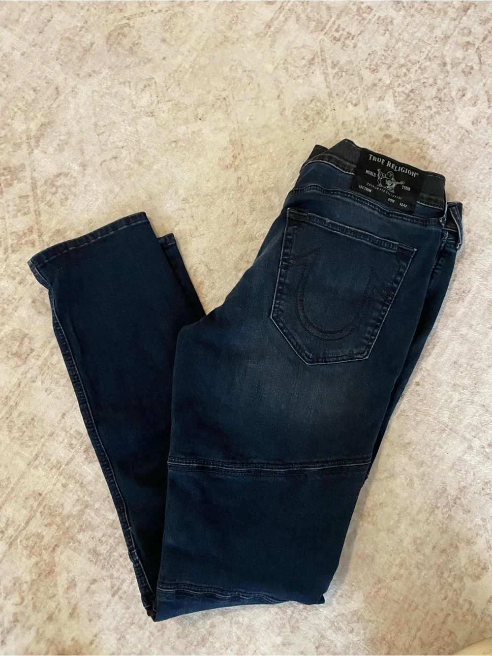 True Religion Men's Navy Slim Moto Jeans with Knee Panels